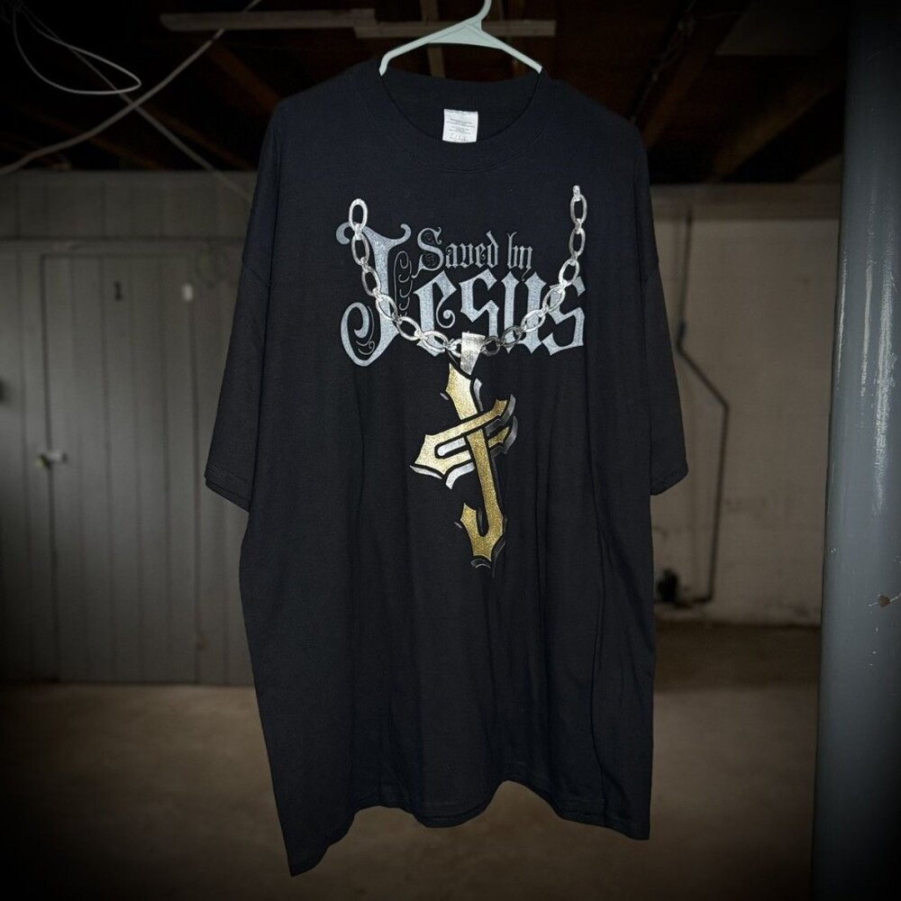 Vintage Y2K Saved by Jesus Religious Cross Chain T-Shirt